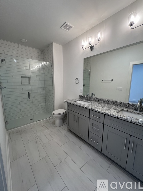A bathroom with a walk-in shower, toilet, and a vanity with a mirror.