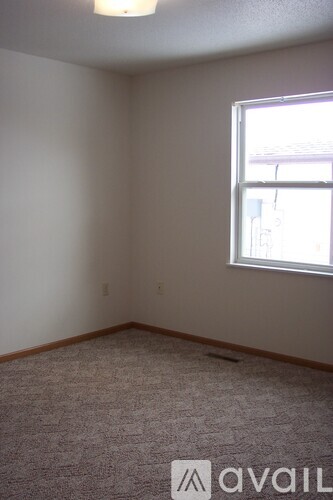 A room with a carpeted floor and a window letting in light.