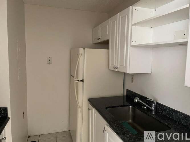 A kitchen with a white refrigerator and black countertop.