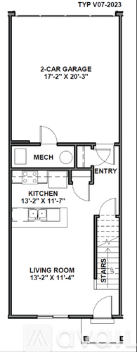 A floor plan for a 2-car garage with a kitchen and living room.