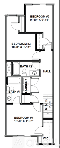 A floor plan of a house with three bedrooms and two bathrooms.