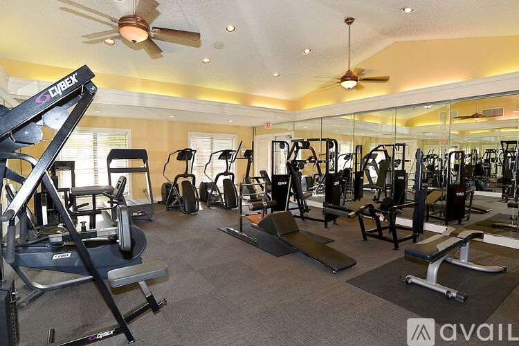 A gym with a variety of equipment including treadmills, weights, and benches.