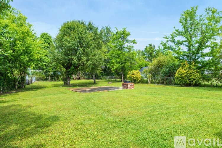 A grassy field with trees and a bench in the distance.