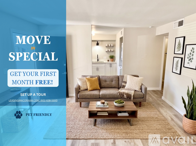 A living room with a couch, coffee table, and potted plant, with text advertising a move-in special.