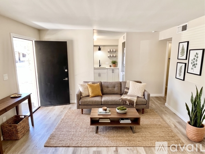 A living room with a grey couch, a coffee table, and a black door.