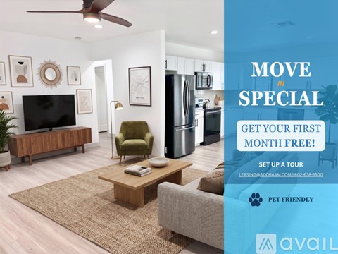 A living room with a kitchen in the background and a sign advertising a free first month.