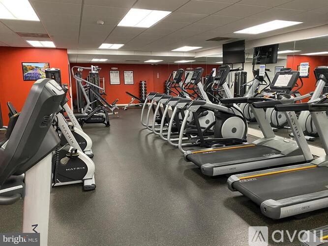 A gym with treadmills and elliptical machines.