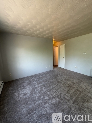 A room with a carpeted floor and a doorway leading to another room.