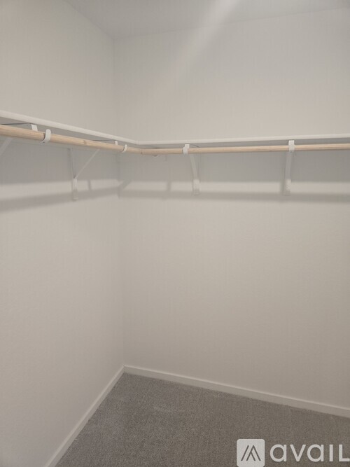 A white closet with a grey carpet and a white wall.