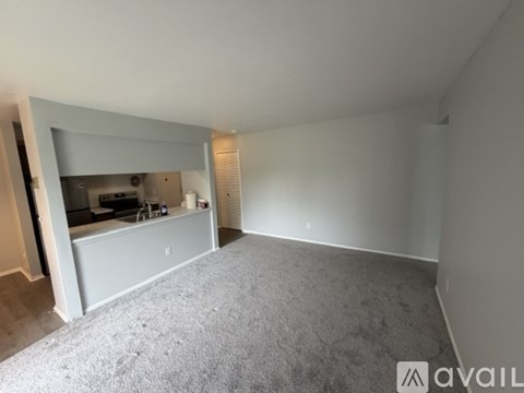 A spacious living room with a grey carpet and a kitchen area in the background.