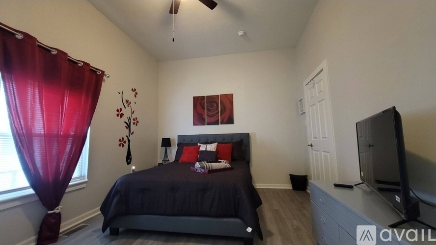 A bedroom with a bed, a television, and a ceiling fan.