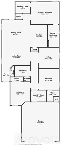 A floor plan of a house with labeled rooms such as "Primary Bedroom" and "Kitchen".