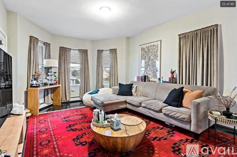 A living room with a grey couch and a red rug.