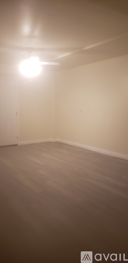 A room with a light on the ceiling and a wooden floor.