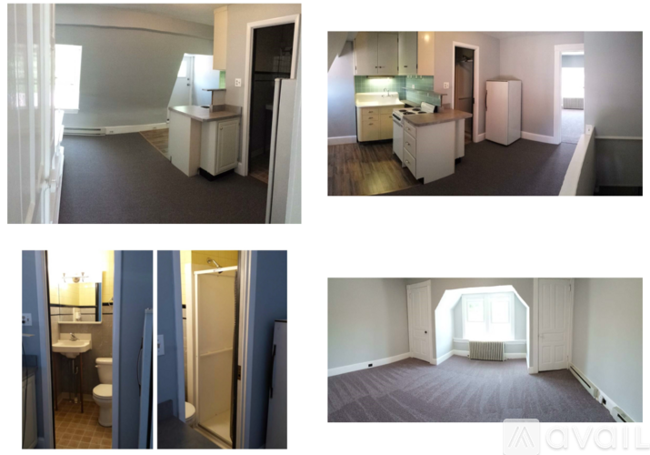 Four images of an empty apartment with a kitchen, bathroom, and living room.