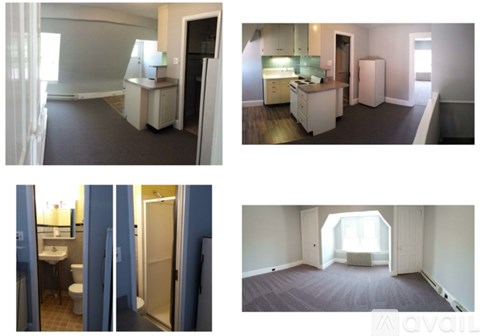 Four images of an empty apartment with a kitchen, bathroom, and living room.