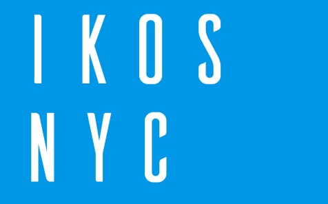 The image displays the letters I, K, O, S, N, Y, C in white color on a blue background.