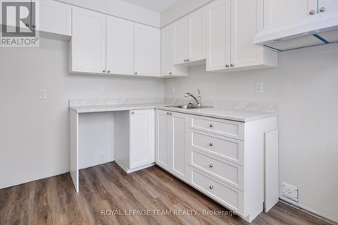 A white kitchen with a sink and cabinets.