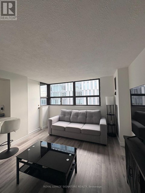 A living room with a grey couch and a black coffee table.