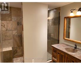 A bathroom with a tiled shower and a wooden vanity.