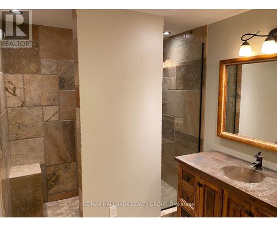 A bathroom with a tiled shower and a wooden vanity.