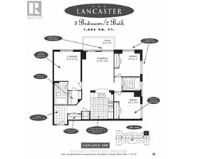 A floor plan for a property called The Lancaster, which is 3 Bedroom/2 Bath and 1,005 square feet.