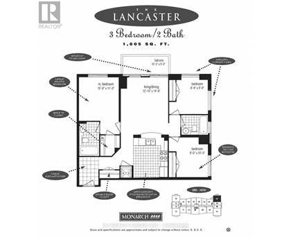 A floor plan for a property called The Lancaster, which is 3 Bedroom/2 Bath and 1,005 square feet.