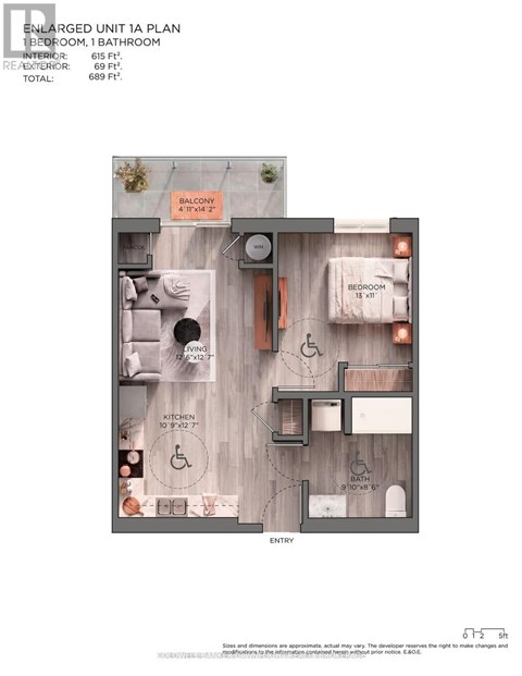 A floor plan of a one bedroom, one bathroom apartment.