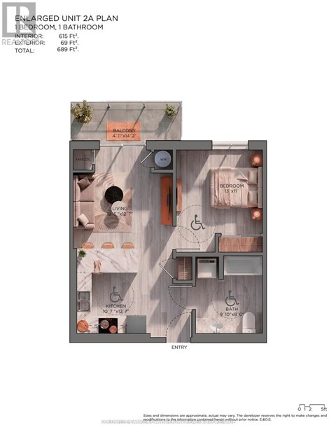 A floor plan of an enlarged unit 2a plan showing a bedroom, bathroom, kitchen, and living room.