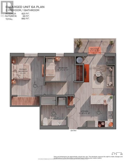 A floor plan of an Enlarged Unit 6A Plan with a living room, kitchen, and two bathrooms.