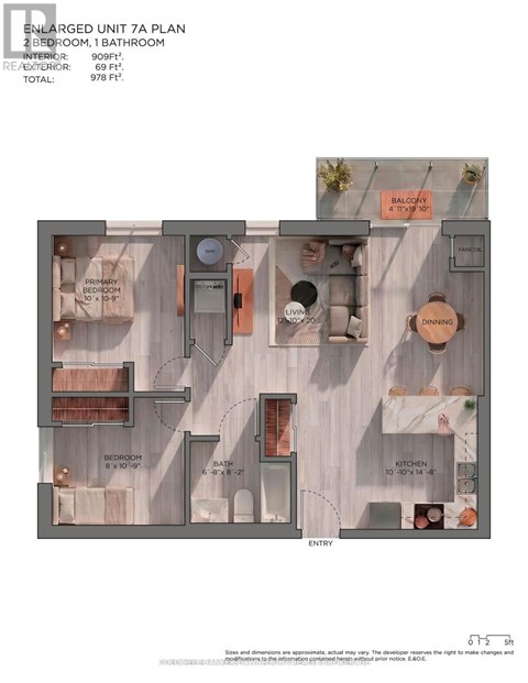 A floor plan of an enlarged unit 7a plan with a primary bedroom, bathroom, and kitchen.