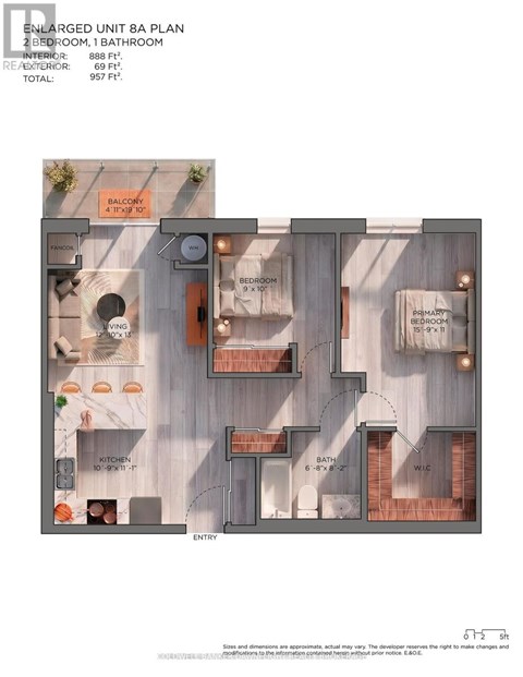 A floor plan of a 2 bedroom, 1 bathroom apartment with a total area of 957 square feet.