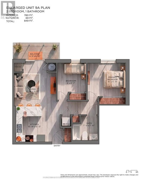 A floor plan of an enlarged unit 9a plan showing a 2 bedroom, 1 bathroom layout.