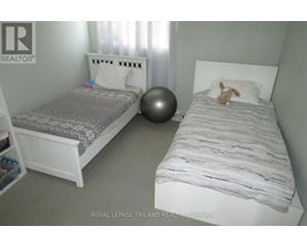 A bedroom with two beds and a ball.
