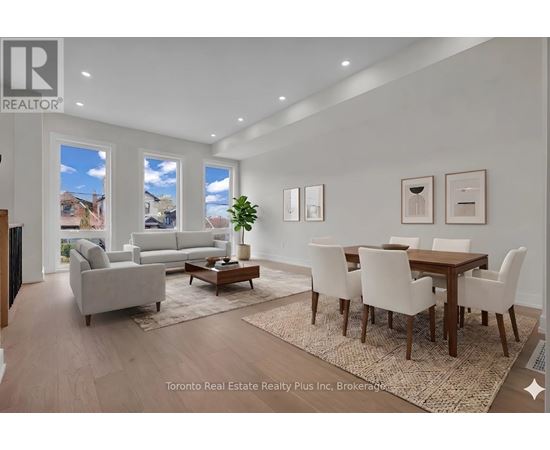 A well-lit, modern living room with a dining area and a view of the outdoors through the windows.