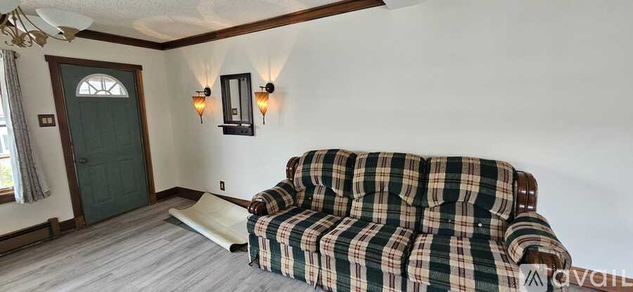 A living room with a plaid couch and a green door.