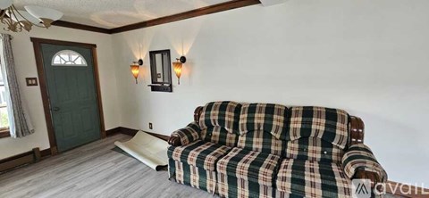 A living room with a plaid couch and a green door.