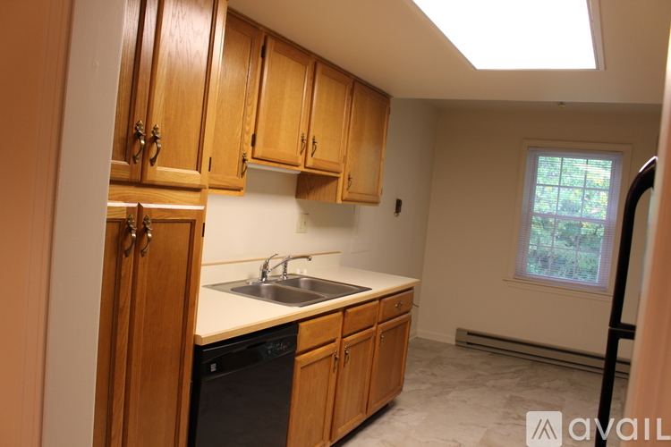 A kitchen with wooden cabinets and a window.
