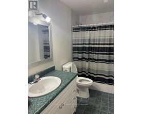 A bathroom with a sink, toilet and shower curtain.
