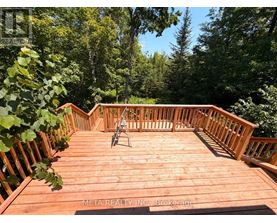 A wooden deck with a railing and a chair.