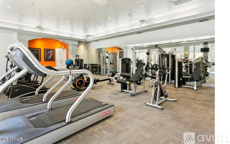 A gym with treadmills, weights, and exercise machines.