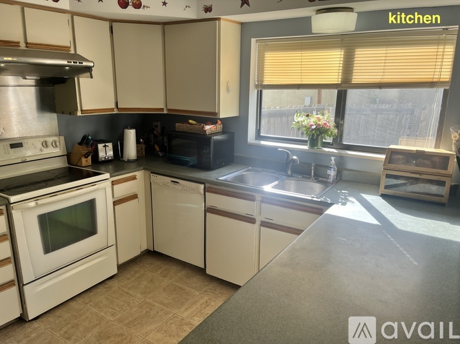 A kitchen with a stove top oven, dishwasher, and a window with blinds.