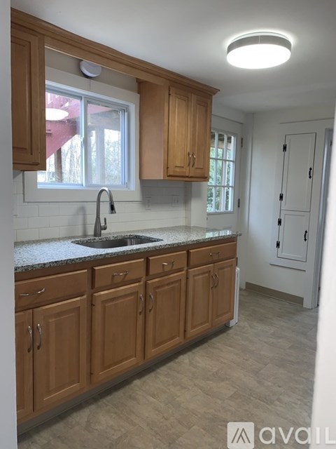 A kitchen with wooden cabinets and a sink.