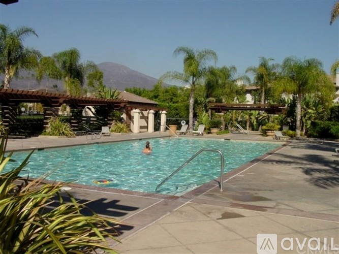 A person is swimming in a pool with a mountain in the background.