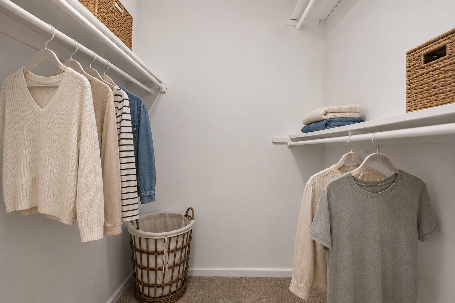 Clothes hanging on a rack in a room.