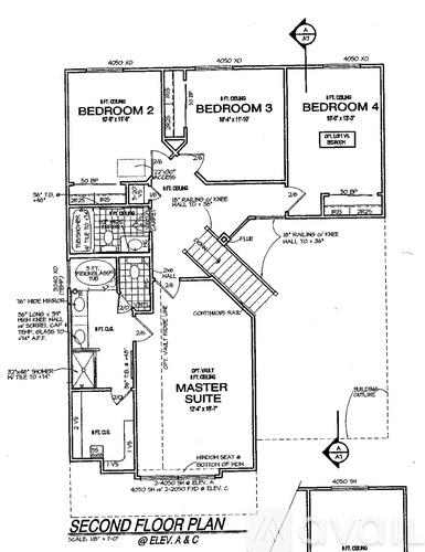 A second floor plan of a building with four bedrooms and a master suite.