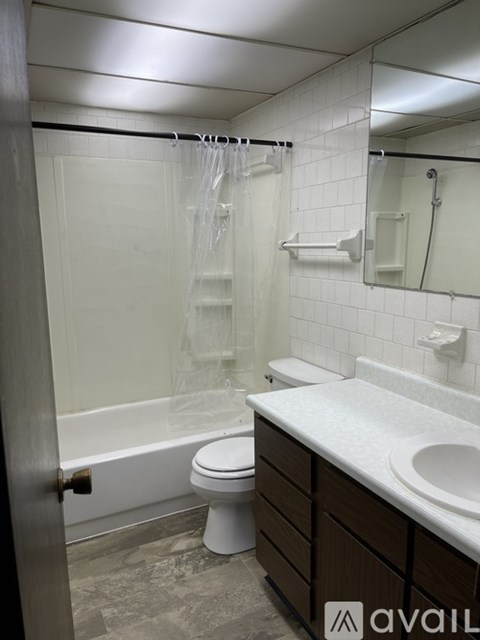 A bathroom with a toilet, sink, and shower.