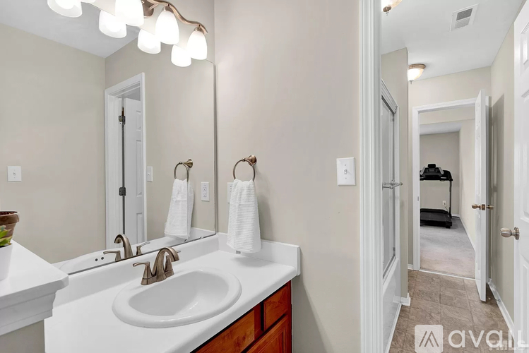 A bathroom with a white sink and a mirror above it.