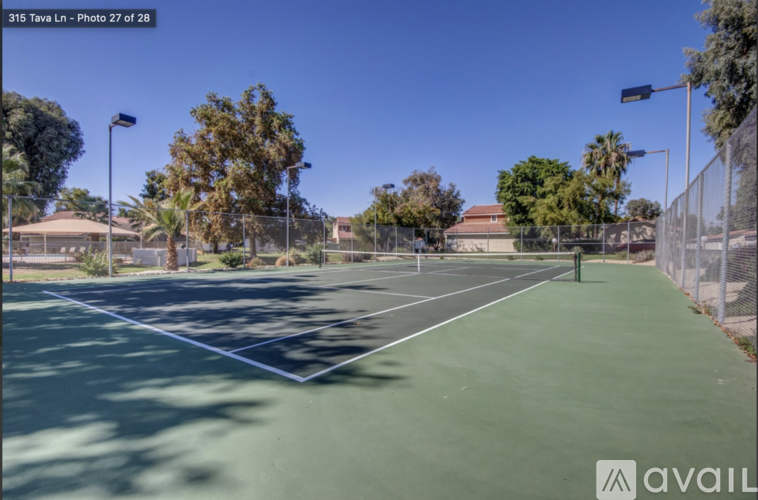 Tennis court with trees and a clear sky in the background.