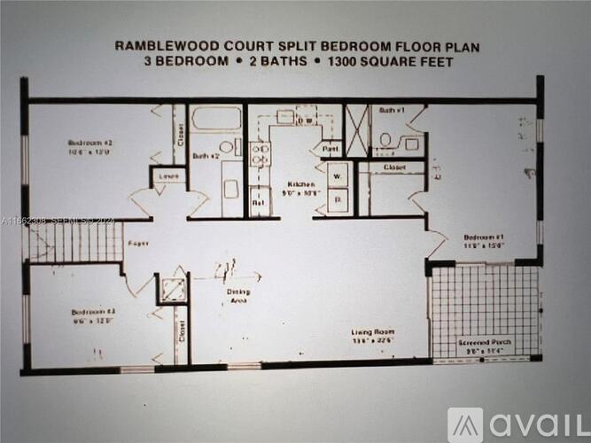A floor plan for a 3 bedroom, 2 bathroom apartment at Ramblewood Court.